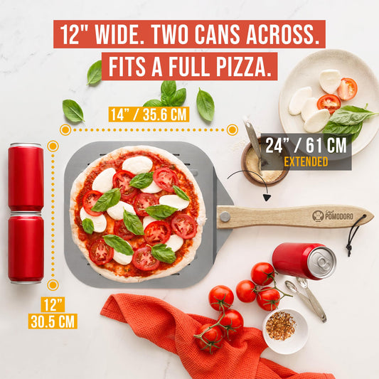 Perforated Aluminum Pizza Peel 12x14 in Foldable Wood Handle