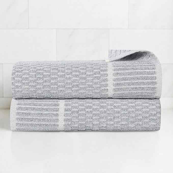 Superior Juno Viscose Cotton Blend Medium Weight Towels, for Bathroom, Shower, Spa, Plush, Quick Dry, Ultra-Soft Towels, Bath Essentials, Border Detail, Bath Towels, Set of 2, Denim Blue