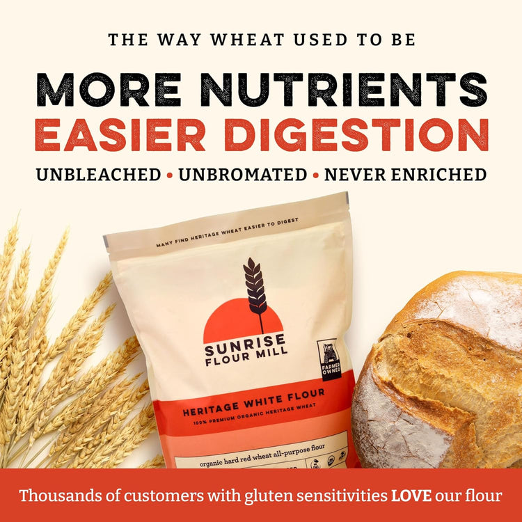 Sunrise Flour Mill Heritage Organic White Flour | USDA Organic All Purpose Flour Unbleached - Non-GMO, Kosher, Glyphosate Free, High Protein for Baking, Unbromated White Wheat (80 Ounce (Pack of 1)) - Nestoria