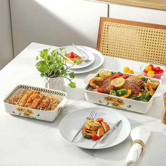 Ceramic Sunflower Baking Casserole Dish with Handles,Large 2 pieces 8x13 inch & 6x10 inch Lasagna Baking Dish and Middle Flower Andplant Baking Pan,Porcelain Serving Bakeware Set