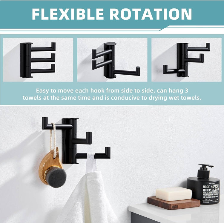 Suyar Swivel Towel Hook 3 Arms, SUS 304 Stainless Steel Coat Robe Holder, Foldable Wall Hook, Matte Black