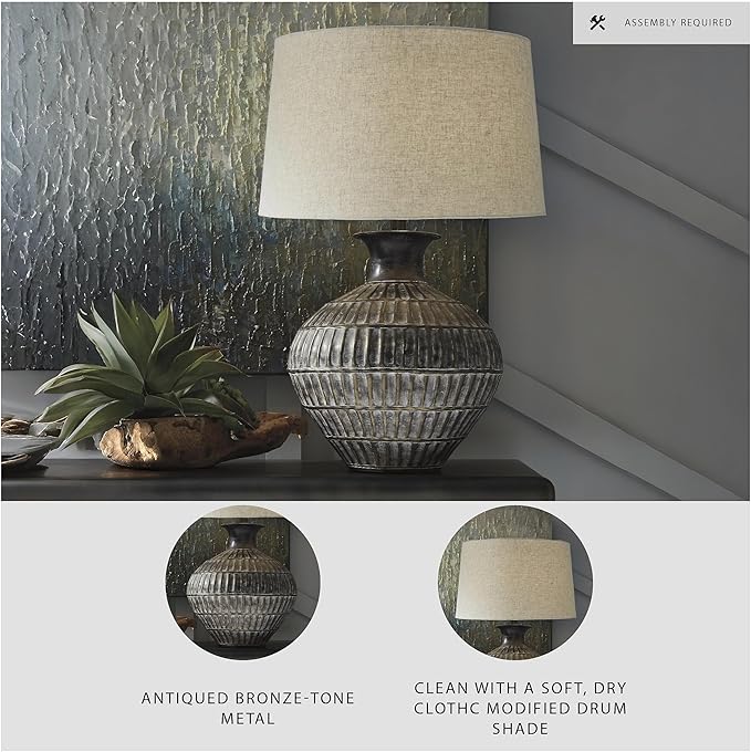 Signature Design by Ashley Magan 285." Textured Bronze Metal Table Lamp, Antique Brown Finish