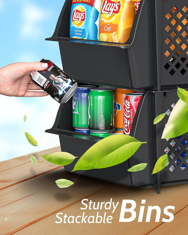 Skywin TidyFriend Stackable Storage Bins for Pantry, 4 Pack Stackable Bins For Organizing Food, Kitchen, and Bathroom Essentials (Black)
