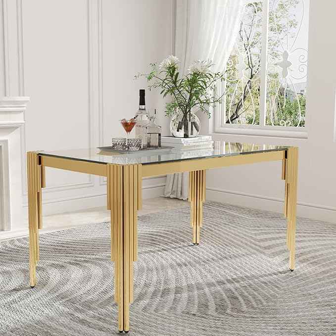 51'' Modern Glass Dining Table for 4 People,Tempered Glass Top Dining Room Table with Stainless Steel Base, Glass and Gold Dining Table for 4, Rectangle Dining Kitchen Table for Dinner
