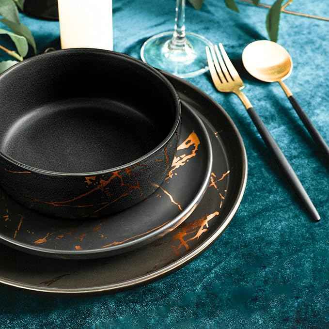 Stone Lain Porcelain 16 Piece Dinnerware set, 4 Full Black Gold Splash Sets