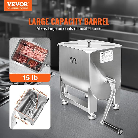 VEVOR Manual Meat Mixer, 15 Pound Capacity Tank Meat Processing Equipment, Stainless Steel Meat Mixer, Sausage Mixer Machine with Lid and Handle, Ground Beef Hand Mixer, Silver(Manual Only)