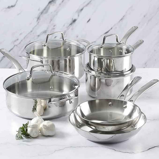Martha Stewart Castelle 10 Piece 18/8 Durable Stainless Steel Induction Safe Non-Toxic Triply Bottom Kitchen Pots and Pans Cookware Set - Dishwasher Safe