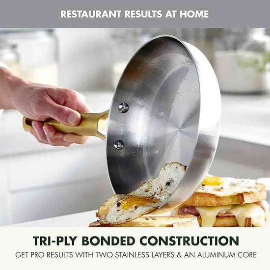 GreenPan Stainless Steel Tri-Ply Reserve 8” Frying Pan Skillet, Multiclad Cookware, Induction, Oven & Broiler Safe to 600°F, Heat Responsive Core, Dishwasher Safe, Gold Handle