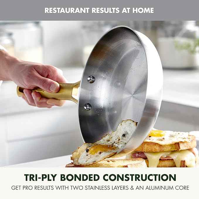 GreenPan Stainless Steel Tri-Ply Reserve 8” Frying Pan Skillet, Multiclad Cookware, Induction, Oven & Broiler Safe to 600°F, Heat Responsive Core, Dishwasher Safe, Gold Handle