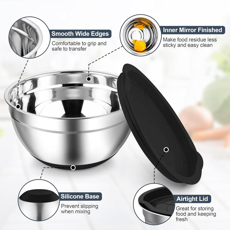 TeamFar Mixing Bowls, Black Mixing Bowls with Lids Set, Stainless Steel Nesting Salad Bowl with Air-tight Lid & Silicone Bottom, Non Slip & Stackable - Set of 6-4.6/2.6/2 / 1.5/1 / 0.7 Qt