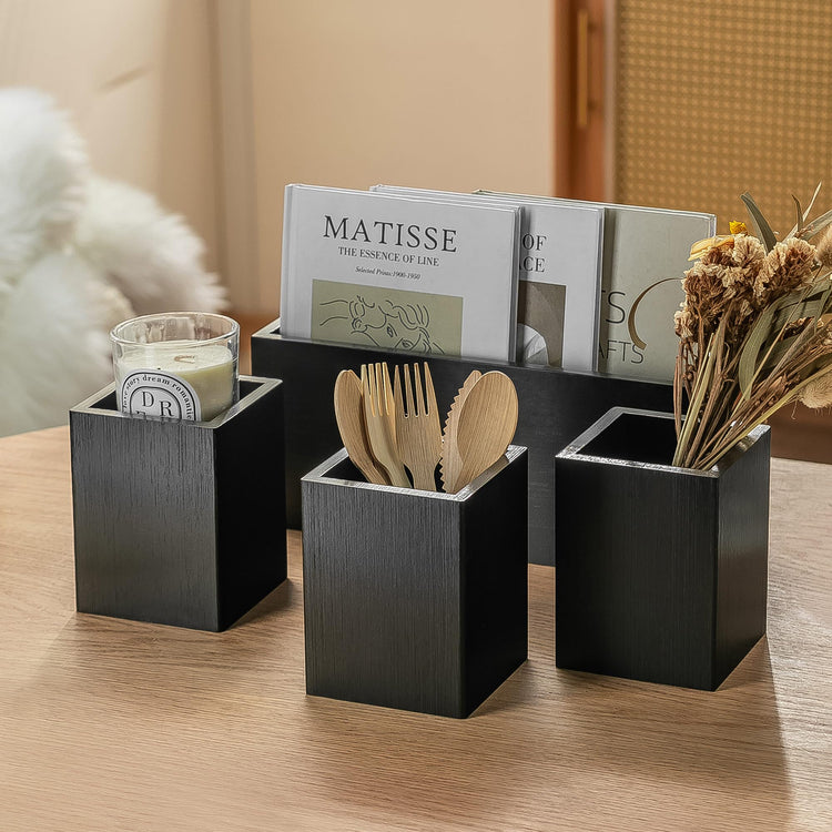 Silverware Caddy Black Wood Utensil Holder Paper Plate Dispenser