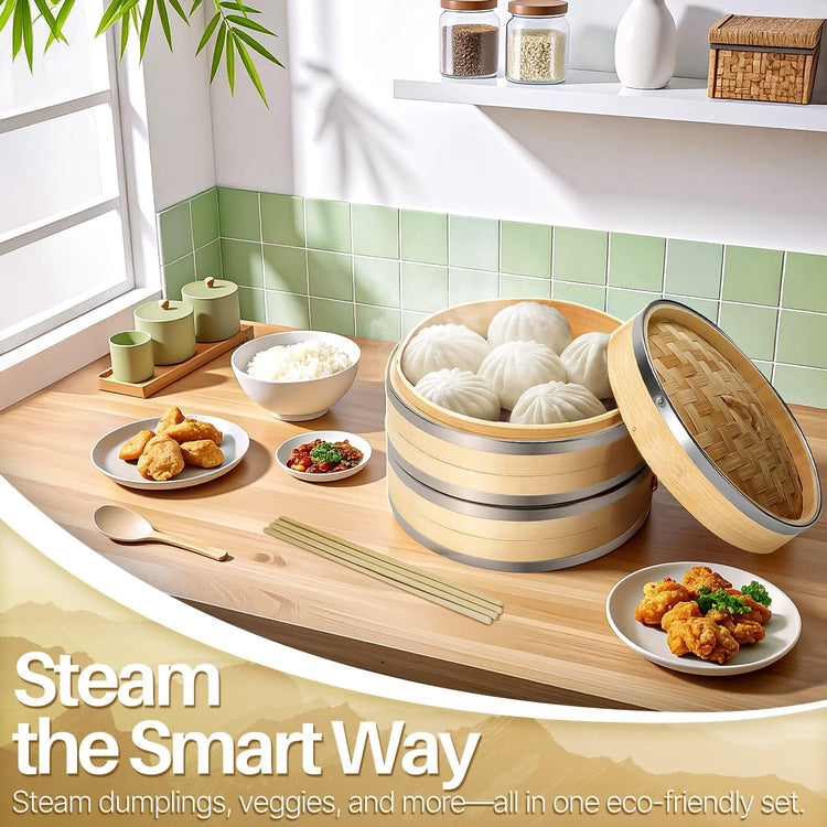 10 Inch Bamboo Steamer Basket Set with Stainless Steel Banding