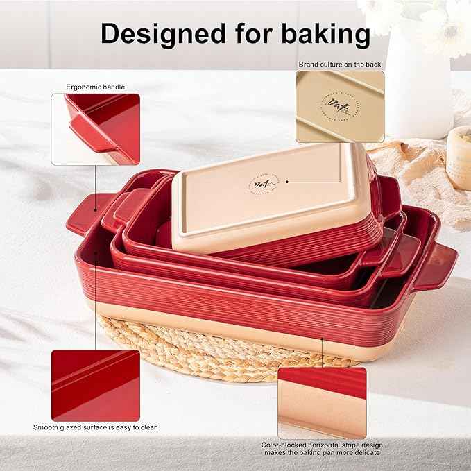 Casserole Dishes for Oven, Baking Dishes, Ceramic Bakeware Sets of 4, Rectangular Baking Pan Set with Handles for Baking, Casserole, Kitchen, Wedding Gift (Red Yellow)