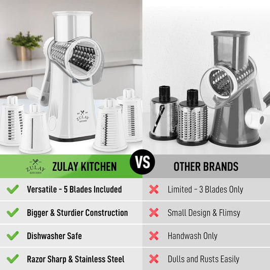 Zulay Kitchen Rotary Cheese Grater 5 Blade Cheese Shredder - Manual Hand Crank Cheese Grater With Reinforced Suction & 5 Interchangeable Drums - Easy to Use, Vegetable Chopper Round Mandoline Slicer