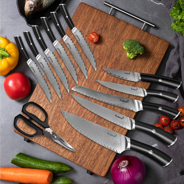 14 Piece Damascus Knife Set with Block