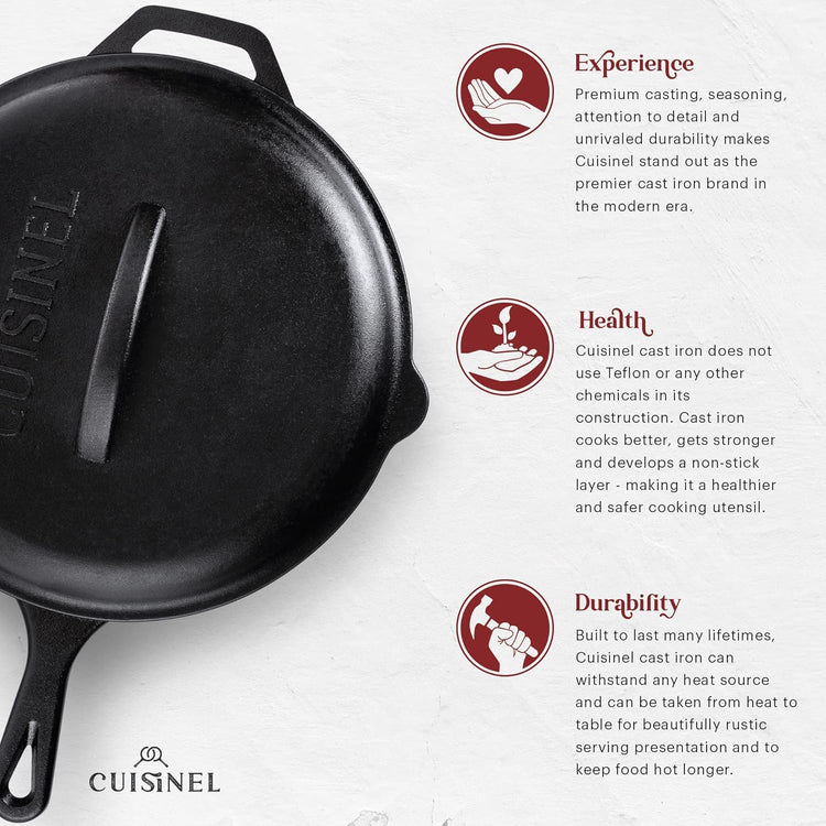 Cuisinel Cast Iron Skillet with Lid - 12"-inch Pre-Seasoned Covered Frying Pan Set + Silicone Handle & Lid Holders + Scraper/Cleaner - Indoor/Outdoor, Oven, Stovetop, Camping Fire, Grill Safe Cookware - Nestoria