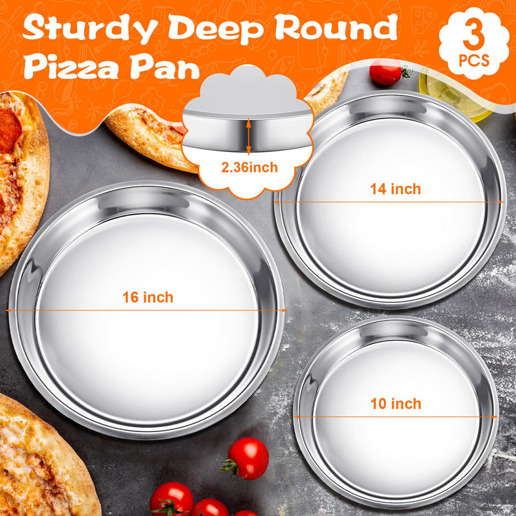 3 Pcs 16 14 10 Inch Large Deep Pizza Pans Stainless Steel Pizza Tray Round Oven Tray Rust Proof Reusable Bakeware Cooking Pan Dishwasher Safe for Baking (3 Count)