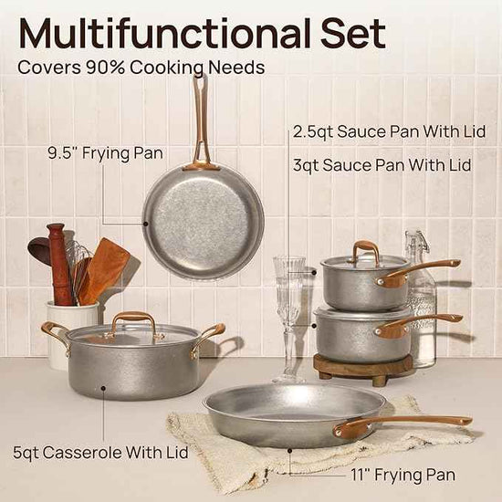 KOKHUB Pots and Pans Set 8 Pcs, Vintage Stainless Steel Cookware Set Non-Toxic, PFOA/PFOS/PTFE Free, Kitchen Cooking Set with Frying Pans, Saucepans, Oven & Dishwasher Safe, Induction Compatible
