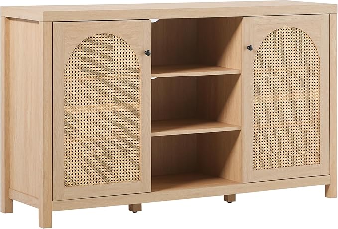 Walker Edison Sasha 2-Door Sideboard Buffet with Arched Rattan Panels, 58 Inch, Coastal Oak