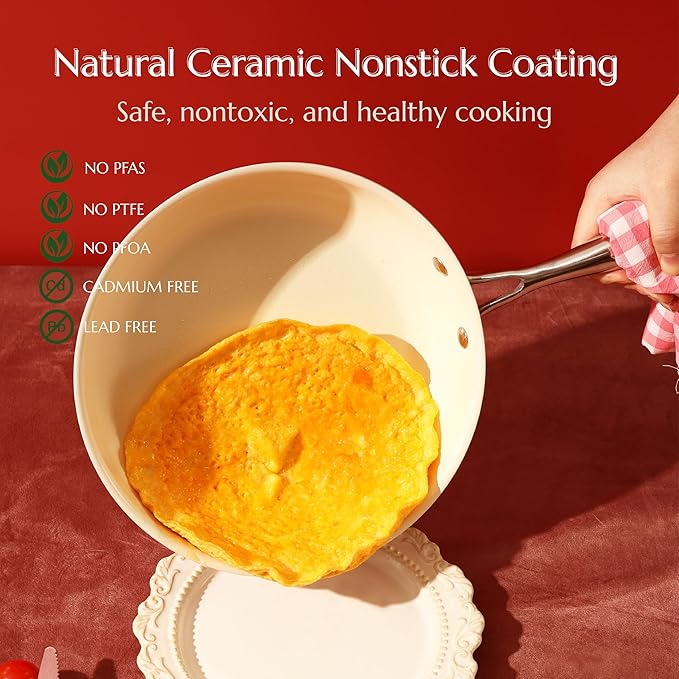 UUKRAVE Ceramic Small Frying Pan, 8" Nonstick Ceramic Frying Pan, Egg & Omelet Pan with Stay-Cool Handle, Healthy & Non-Toxic, PFAS/PTFE-Free, Induction Compatible, Dishwasher & Oven Safe, Cream