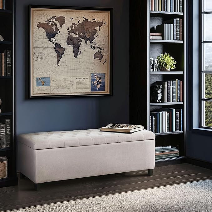 Madison Park Entryway Accent Bench for Living Room Flip Top Storage Chest, Shandra Tufted Top Upholstered Storage Bench End of Bed for Bedroom Furniture, Indoor Seating, 49" Wide, Natural