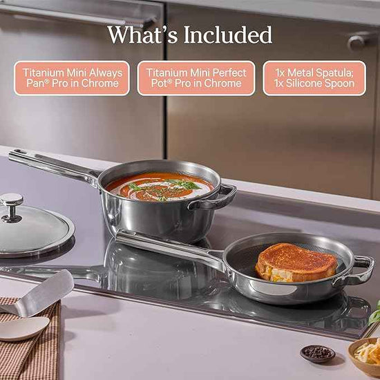 Our Place Mini Titanium Pro Cookware Duo | 6-Piece Tri-Ply Titanium Cookware Set with Always Pan Pro & Perfect Pot Pro | Non-Toxic No-Coating Nonstick | Induction & Oven-Safe up to 1000°F | Chrome