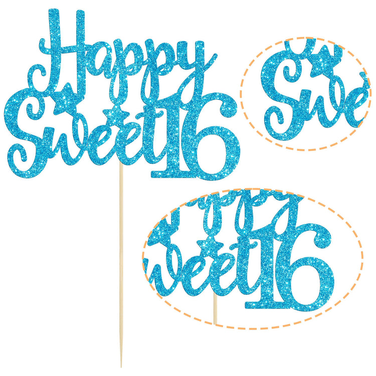 1Pc Happy Sweet 16 Cake Topper Glitter 16th Birthday Cake Pick for Cheers to 16 Years Old 16th Birthday Party Cake Decorations Supplies Light Blue