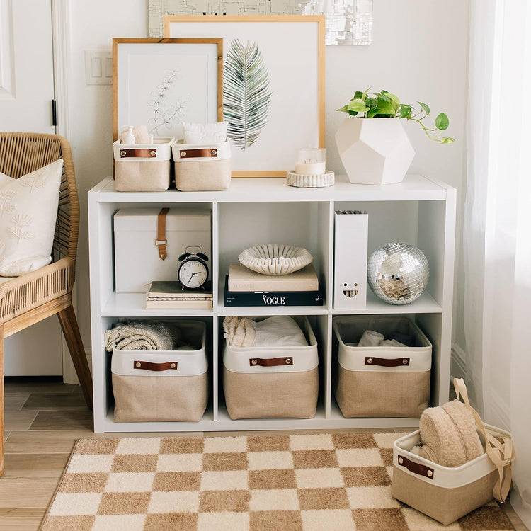 OrganiHaus Large Fabric Storage Baskets for Shelves 3 Pack, 15x11in Closet Storage Bins for Shelves, Cloth Baskets for Organizing, Linen Closet Organizers, Fabric Basket, Beige/White