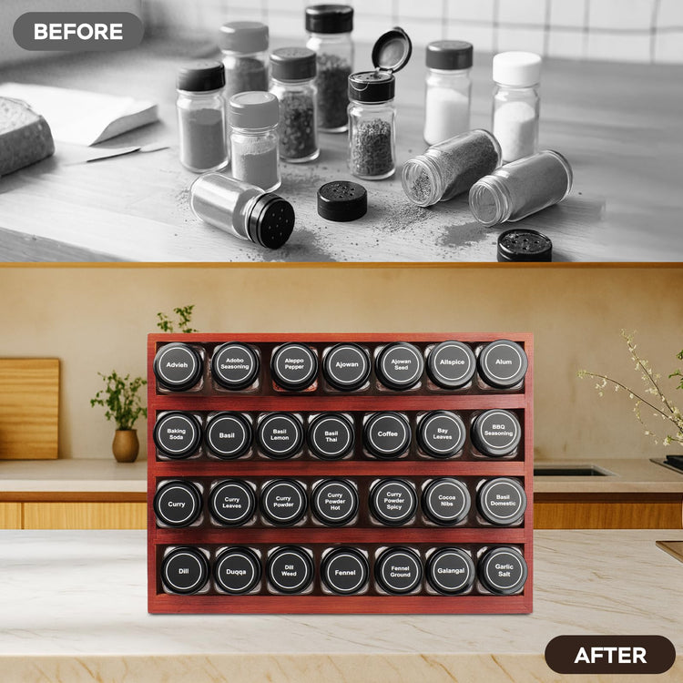 Bamboo Spice Rack Organizer with 28 Glass Spice Jars 4 oz Set Cherry Stain (28 Count)