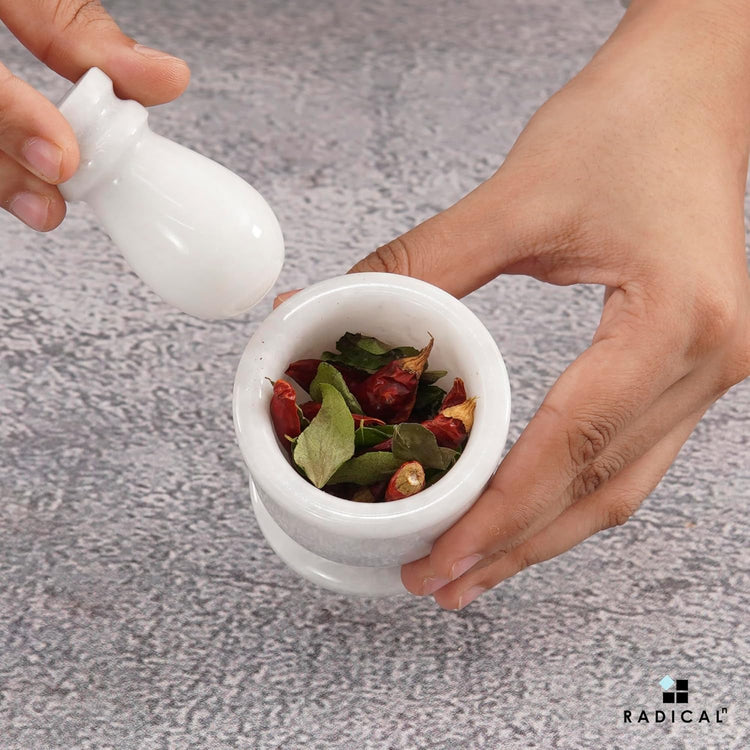 Radicaln Marble Mortar and Pestle Set White 2.5" Inches Handmade Hand Grinder for Kitchen Ideal Small Mortar & Pestle Set Spice Grinder & Garlic Crusher
