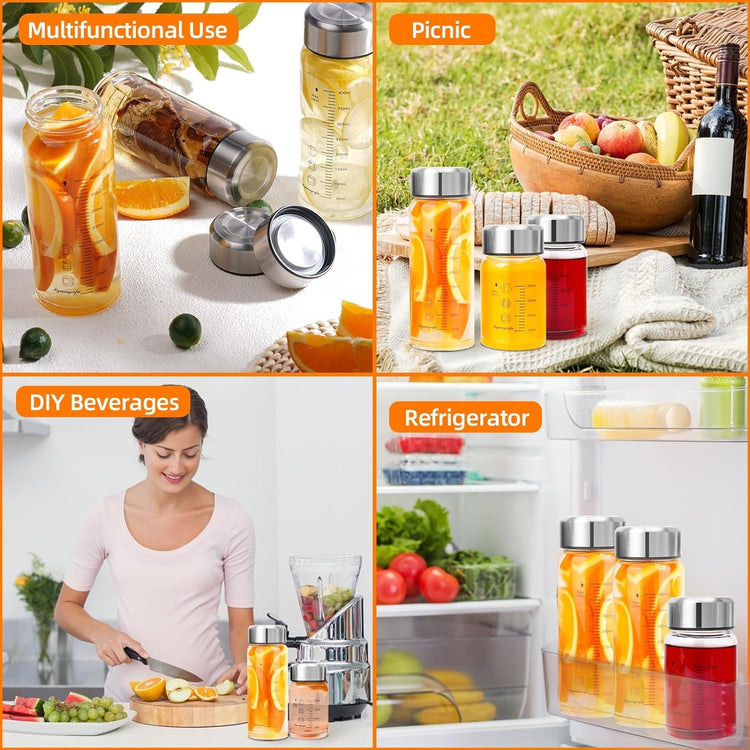 Glass Juice Bottles 4 Pack 12 oz - Wide Mouth Glass Water Bottles with Lids - for Juicing, Smoothies, Milk, Protein, BPA Free, Reusable, Stainless Steel Lids, Leak Proof, Shaker bottle (12oz/400ml)