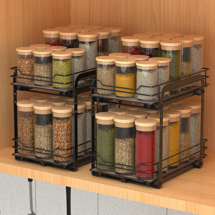 2-Tier Spice Rack, Pull Out Spice Racks Organizer for Cabinet, Height Adjustable Heavy Duty Metal Basket for Inside Cabinets & Pantry Closet (7.5''Wx10.5''Dx9.5''H)