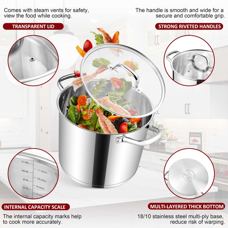 12-Quart 18/10 Stainless Steel Stock Pot with Lid, Large Heavy Duty Soup Pot Compatible with Electric, Gas, Induction and Various Cooktops, Dishwasher Safe