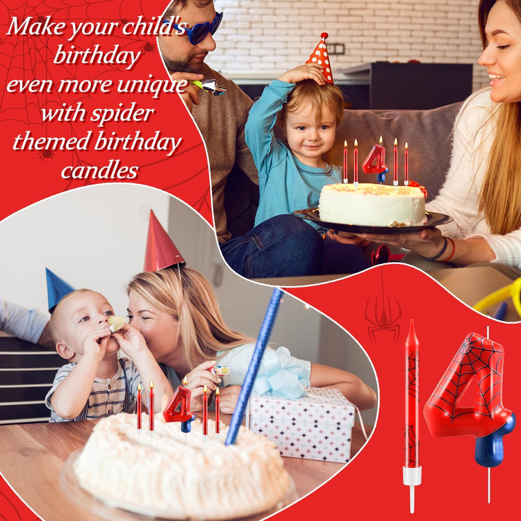 13 Pcs Spider Themed Birthday Candle Set Red Spider Theme Number 4 Candle Cake Topper for Boys Girls Birthday Decoration Spider Party Decoration Supplies (13 Count)
