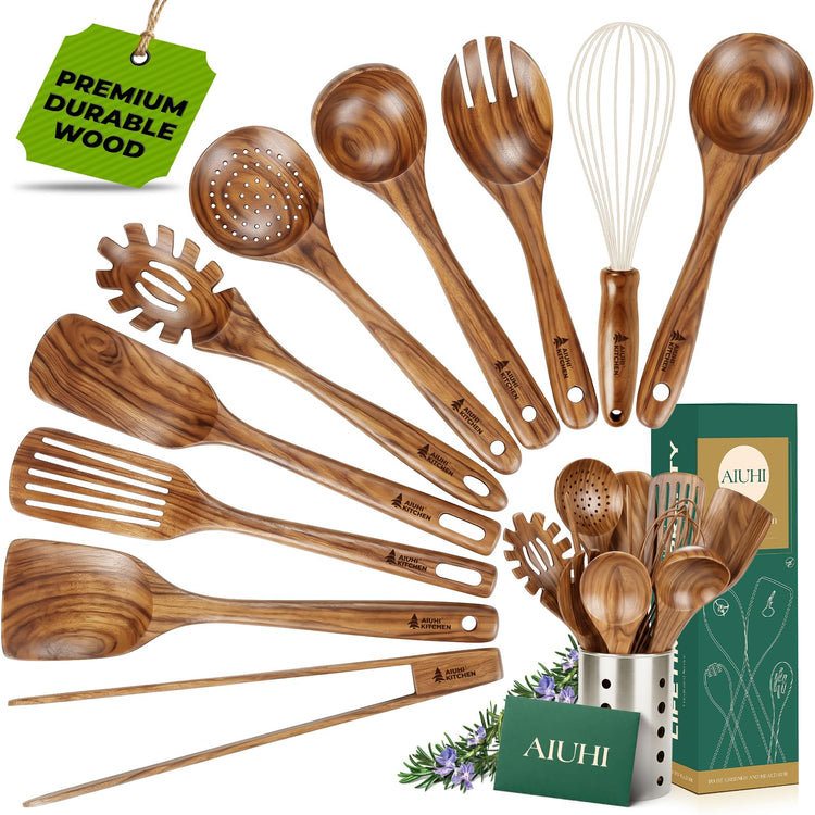 11 Piece Natural Teak Wood Kitchen Utensil Set with Holder (11 Count)