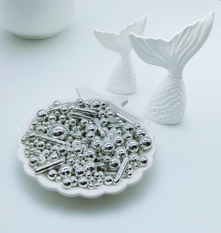Silver Sprinkles Candy Mix Size Edible Pearls Cake Decorations Cupcake Toppers Cookie Decorating Perfect for Wedding Party Valentine Halloween Christmas Supplies 4.58OZ