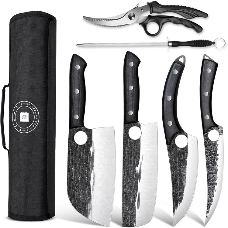 TIVOLI Professional Butcher Knife Set for Meat Processing, 7Pcs High Carbon Steel Hand Forged BBQ Knife Sets, Serbian Chef Knife Set with Ergonomic Handle for Kitchen Outdoor Cooking Father's Day Gift