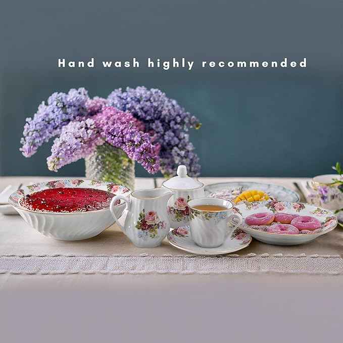 Lynns Paradise Philomena Floral 45-Piece Dinnerware Set | 24K Gold Trim | Embossed Swirl | Plates & Bowls Sets | Apartment Essentials | Home Kitchen Accessories | Floral Design
