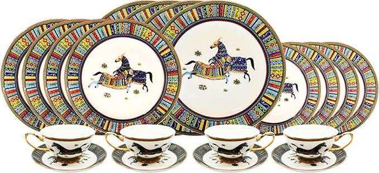 Porcelain Dinnerware Set for 4-20 Piece Luxury Greek Horse Cheval Banquet Dinner Set - Elegant Design - Plates and Cups with Saucers - Dining Set for Everyday Use or Formal Occasions