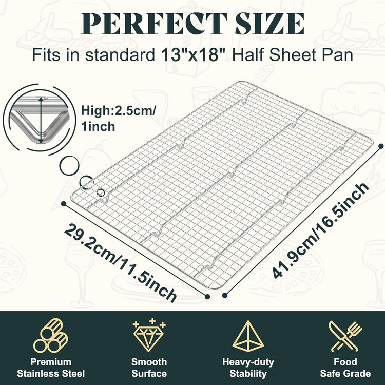 Cooling Racks for Cooking and Baking-11.5"x16.5" Oven Safe Premium Stainless Steel Heavy Duty Baking Rack Tight-Wire, Fits Half Sheet Pan for Roasting & Grilling & Cooking-Set of 2