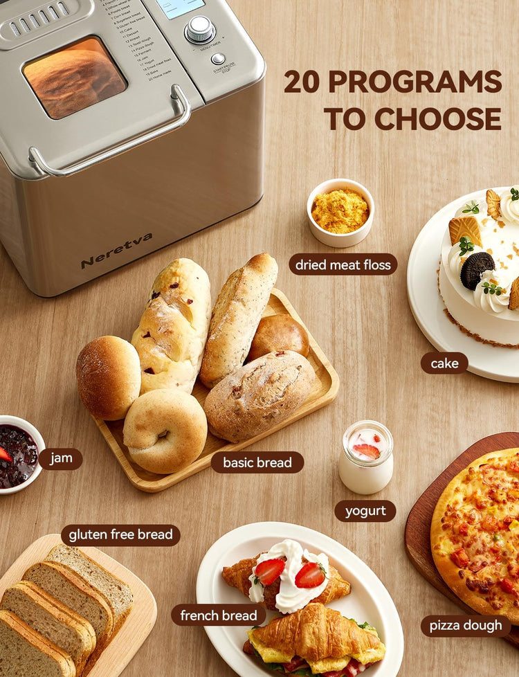 Neretva Bread Maker, 20-IN-1 2LB Bread Machine Dual Heater Bread Maker Machine Automatic with Nonstick Ceramic Pan, 15H Timer & 1H Keep Warm Set, Low Noise, Stainless Steel Breadmaker Recipe-Silver