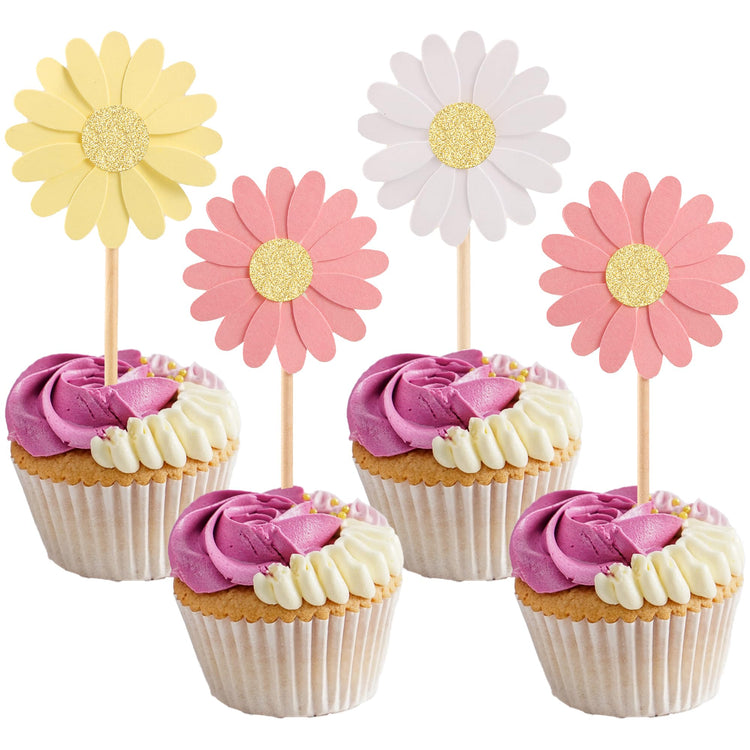 24Pcs Daisy Cupcake Toppers Glitter Flower Daisy Cake Decorations Chrysanthemum Cupcake Toppers Spring Daisy Flower Cake Picks for Birthday Wedding Supplies Multi 2 (24 Count)