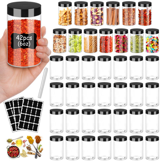 Plastic Jars with Lids 6OZ 42PCS Small Empty Slime Cosmetics Containers Clear Gift Food Jars Round PET Cream Jars with Black Lids Pen Labels for Kitchen Storage Spices Dry Food Body Butter (42 Count)