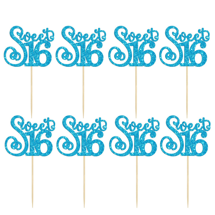 24 Pack 16th Birthday Cupcake Toppers Glitter Sixteen Happy Sweet 16 Cupcake Picks Cheers to 16 Years Old Cupcake Decorations for 16th Birthday Anniversary Party Supplies Light Blue (24 Count)