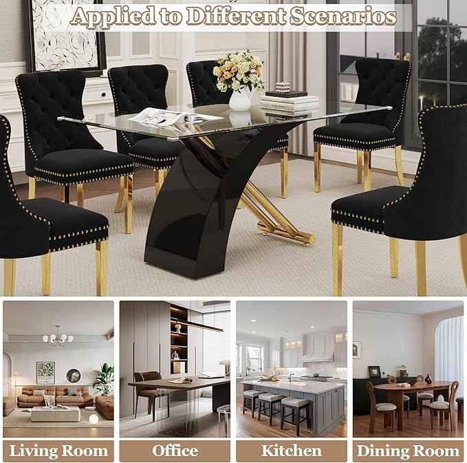 7 Piece Glass Dining Table Set for 6, 63" Modern Kitchen Table with 6 Black Velvet Chairs, Tempered Glass Tabletop with Black X-Shaped MDF Base, Modern Dining Room Set for Kitchen and Dining Room