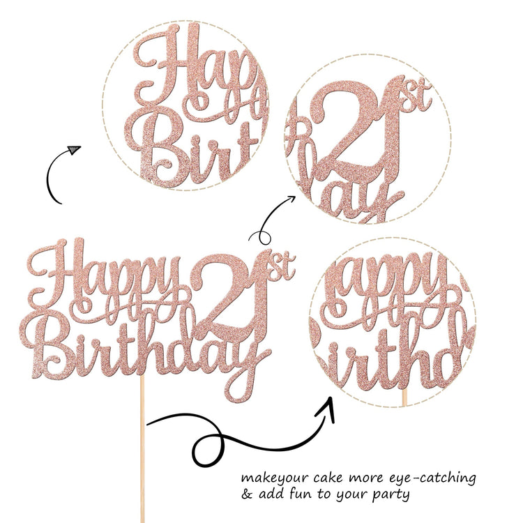 1 PCS Happy 21st Birthday Cake Topper Glitter Cheers to 21 Years Cake Pick Number 21 Fabulous Cake Decoration for 21st Birthday Theme Party Decorations Supplies Rose Gold