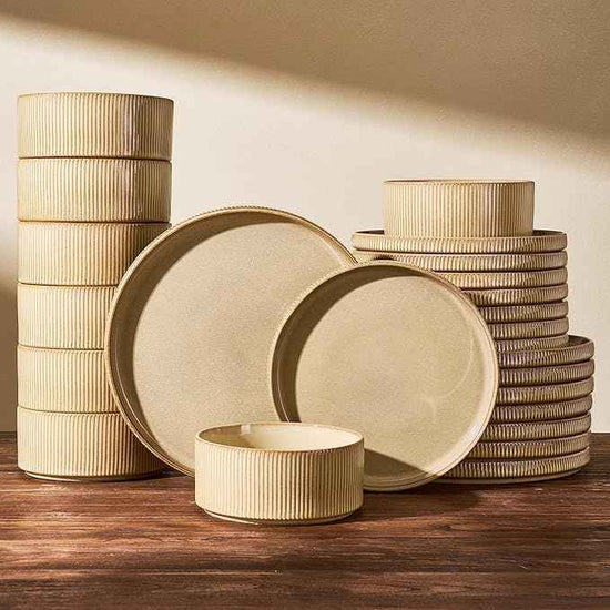 24-Piece Dinnerware Set Service for 8, Famiware Premium Stoneware Dish Set with Ribbed Plates and Deep Bowls, Double Reactive Glaze, Chip & Scratch Resistant, Microwave & Dishwasher Safe, Cream