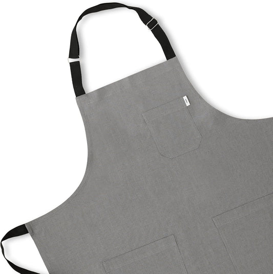 Solino Home Linen Bib Apron for Men & Women - Steel Grey/Black Kitchen Apron with Front Pockets - Handcrafted from European Flax