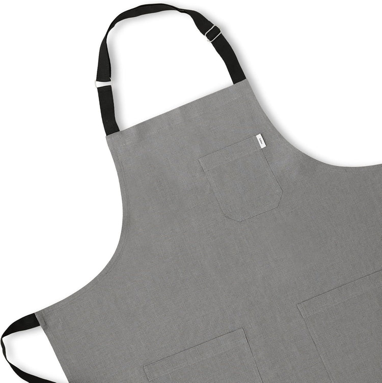 Solino Home Linen Bib Apron for Men & Women - Steel Grey/Black Kitchen Apron with Front Pockets - Handcrafted from European Flax