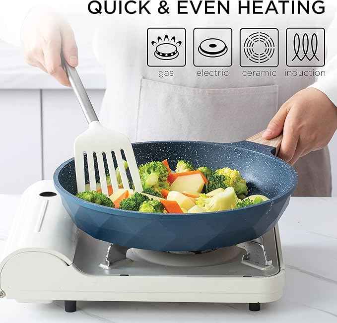 Country Kitchen Non-Stick Cast Aluminum Cookware Set - Durable Kitchen Cookware for Everyday Cooking, Navy Diamond, 11 Pc.